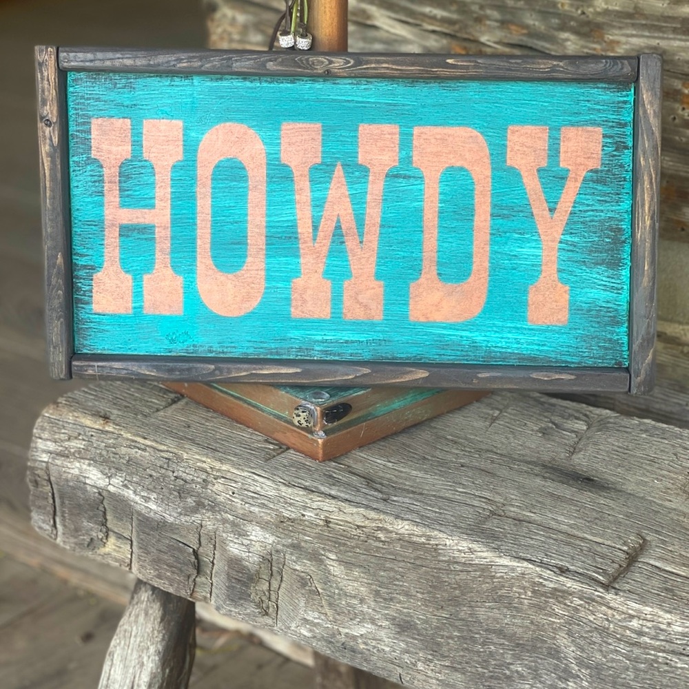Handmade Rustic “HOWDY” sign in copper and turquoise
